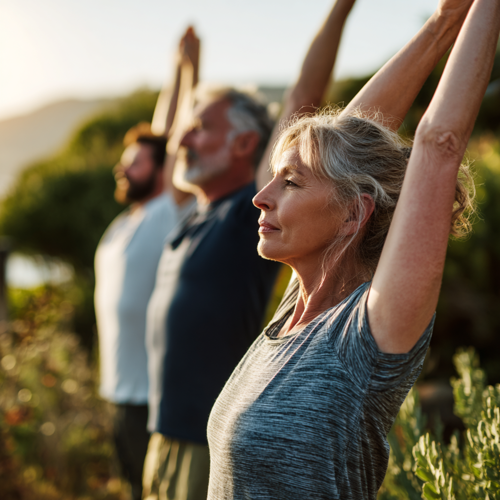 Middle-aged adults practicing gentle flexibility exercises in natural outdoor setting