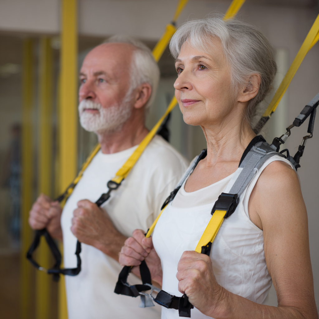 Older adults following personalized blumerid exercise routine with adaptive equipment